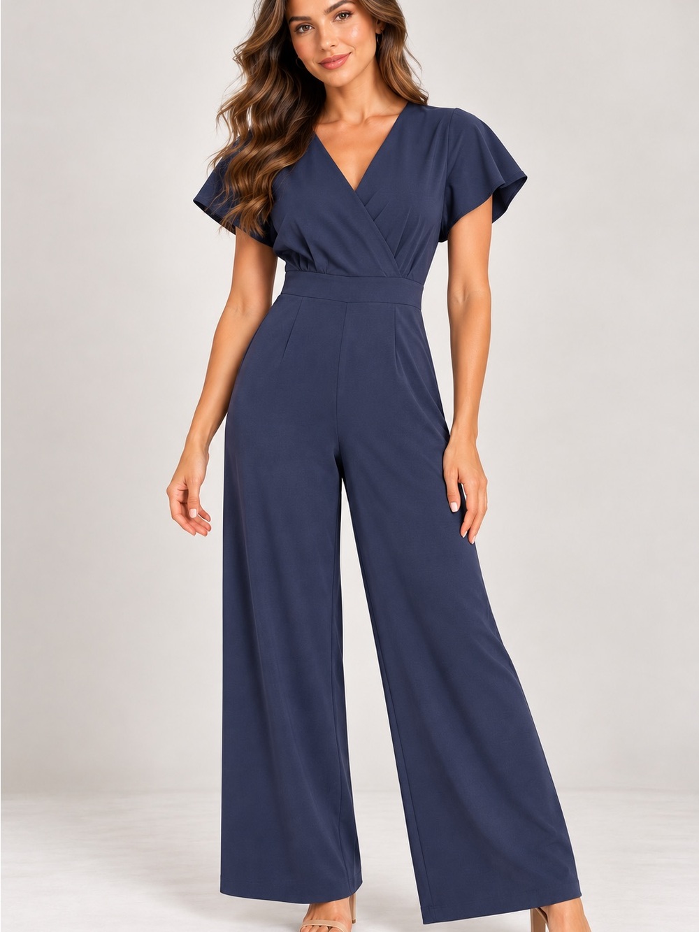 Greylin Navy Wrap V-Neck Wide-Leg Jumpsuit